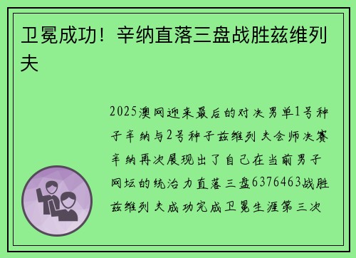 卫冕成功！辛纳直落三盘战胜兹维列夫