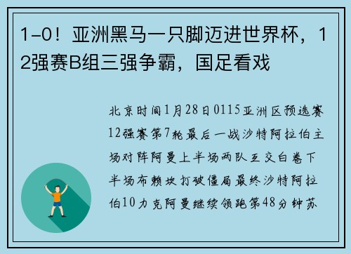 1-0！亚洲黑马一只脚迈进世界杯，12强赛B组三强争霸，国足看戏