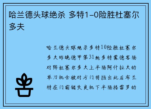 哈兰德头球绝杀 多特1-0险胜杜塞尔多夫