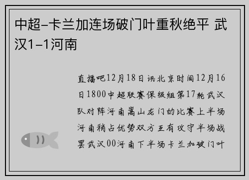 中超-卡兰加连场破门叶重秋绝平 武汉1-1河南